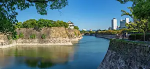 Chuo Prints: View of Rokuban-yagura Turret and moat at Osaka Castle (Osaka-jo) on a sunny day