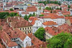 Streets Prints: View over rooftops and buildings in Graz from Schlossberg in Austria during daytime