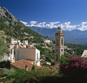 Balagne Prints: View across rooftops and church tower of Lumio, near Calvi, Balagne region