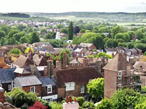 Roofs Prints: View of rooftops in Rye from St Marys Church showing the landscape of East Sussex