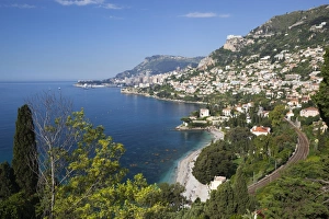 View along Roquebrune Bay to Monte Carlo, Roquebrune-Cap-Martin, Provence-Alpes-Cote d Azur, French Riviera, Provence, France, Mediterranean, Europe