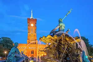 Water Fountain Prints: View of Rotes Rathaus (Town Hall) and Neptunbrunnen fountain at dusk
