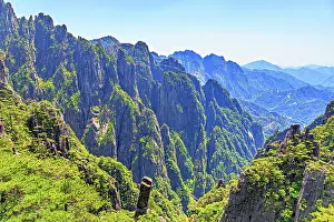 Peaks Prints: View of rugged mountain peaks with green trees in Huangshan
