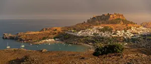 Seacoast Prints: View of sailboats in the bay, Lindos and Lindos Acropolis from elevated position