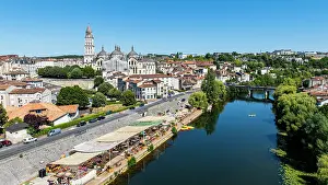 Activities Prints: View of Saint Front cathedral and riverside in Perigueux France with local market and activities visible