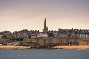 Saint Prints: View of the Saint Malo old town skyline with the Saint Vincent Cathedral spire above the medieval city walls
