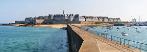 Waters Prints: View of Saint-Malo walled city and harbor from stone pier in Brittany France during a sunny day