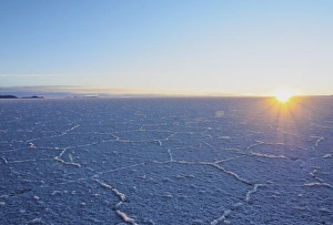 View of the Salar de Uyuni, the largest salt flat in the world, at sunrise, Daniel Campos Province