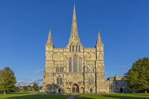 Salisbury Prints: View of Salisbury Cathedral against clear blue sky, Salisbury, Wiltshire, England