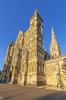 View of Salisbury Cathedral against clear blue sky, Salisbury, Wiltshire, England