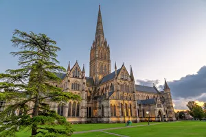 Light Beam Prints: View of Salisbury Cathedral at dusk, Salisbury, Wiltshire, England, United Kingdom