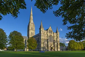 View of Salisbury Cathedral framed by trees, Salisbury, Wiltshire, England