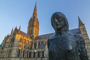 Salisbury Prints: View of Salisbury Cathedral and statue at sunset, Salisbury, Wiltshire, England