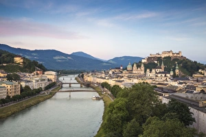 15th Century Prints: View of Salzach River and Hohensalzburg Castle above The Old City, Salzburg, Austria
