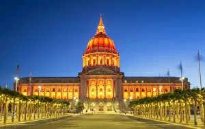 Flag Prints: View of San Francisco City Hall illuminated at night, San Francisco, California