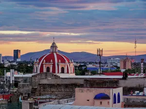 Puebla Prints: View towards the San Jeronimo Church at sunset, City of Puebla, Puebla State, Mexico