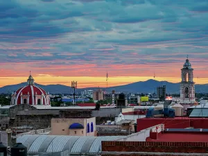 Splendor Prints: View towards the San Jeronimo Church at sunset, City of Puebla, Puebla State, Mexico
