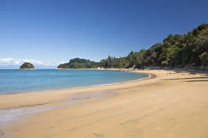 Tasman Prints: View along the sandy beach at Towers Bay, Kaiteriteri, Tasman, South Island, New Zealand