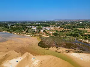 Recreational Prints: View of sandy beaches and historic buildings near Cacela Velha in Portugal