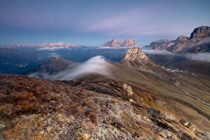 Canazei Prints: View of Sass Beca and Sassolungo at dawn from Cima Belvedere, Canazei, Val di Fassa