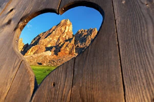 Dolomites Gallery: View of the Sass de Putia through a heart shaped hole at dusk, Passo delle Erbe, Dolomites