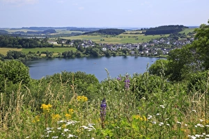 Eifel Prints: View across Schalkenmehren Maar towards Schalkenmehren, Eifel, Rhineland-Palatinate