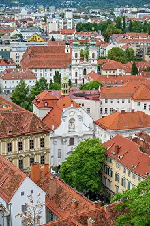 Streets Prints: View from Schlossberg shows rooftops and historic buildings in Graz, Austria