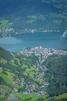 Lakeside Prints: View from Schmittenhohebahn top station showing Zell am See and surrounding landscape on a sunny day in Austria