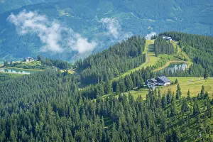 Cabin Prints: View from Schmittenhohebahn top station shows pine trees and clouds on sunny day in Zell am See