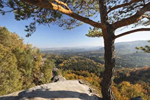 Saxony Prints: View from Schrammstein ridgeway to Hohe Liebe Mountain, Elbsandstein Mountains, Saxony