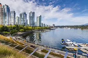 Canadian Culture Prints: View of seaplane and urban office buildings around Vancouver Harbour, Downtown, Vancouver