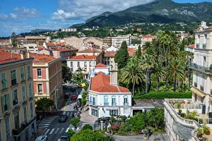 Pedestrians Prints: View over the seaside town of Menton