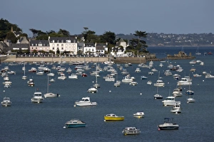 Locquirec Prints: View over seaside village and boats in bay, Locquirec, Finistere, Brittany, France