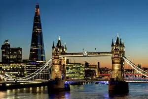 River Thames Collection: View of the Shard and Tower Bridge standing tall above the River Thames at dusk, London, England
