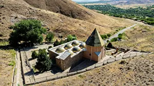 Worship Prints: View of Sheikh Khorasan mausoleum surrounded by hills and trees in Nakhchivan Azerbaijan
