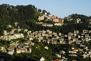 Stereotypically Indian Prints: View of Shimla houses, Shimla, Himachal Pradesh, India, Asia