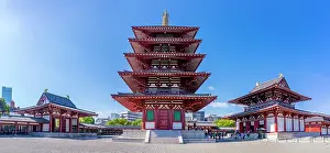 Osaka Prints: View of Shitenno-ji Gojunoto (Five Story Pagoda) and Shitenno-ji Kondo (Golden Hall) on sunny day
