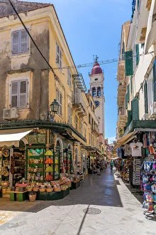 Balconies Prints: View of shops and Holy Church of Saint Spyridon