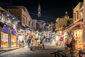 Old Towns Prints: View of shops at night, Old Rhodes Town
