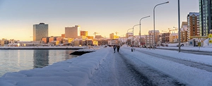 Chilly Prints: View of shore walk and the city of Reykjavik in winter, Reykjavik, Iceland