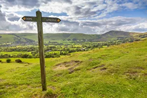 Grasslands Prints: View of signpost and Hope Valley, Derbyshire Peak District, Derbyshire, England