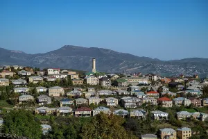 Settlement Prints: View of the Silver town of Kubachi in Dagestan during clear weather with buildings on hillsides