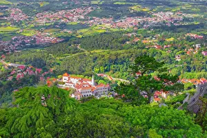Sintra Prints: View of Sintra town from above shows nature and buildings in Portugal
