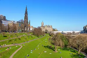 Edinburgh Prints: View of Sir Walter Scott Monument and Balmoral Hotel from Princes Street Gardens in Edinburgh on a sunny day
