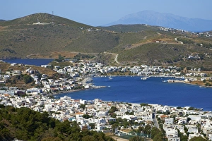 View over Skala, Patmos, Dodecanese, Greek Islands, Greece, Europe
