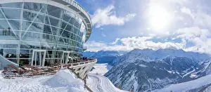 Courmayeur Prints: View of Skyway Monte Bianco cable car station at Pavillon du Mont Frety and Aosta Valley in winter