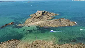 Small Prints: View of a small fortress situated on an island off the coast near a historic walled city in Brittany