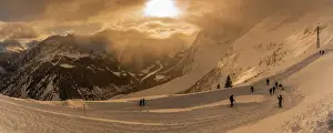 Courmayeur Prints: View of snow covered Aosta Valley and mountains from Pavillon du Mont Frety in winter