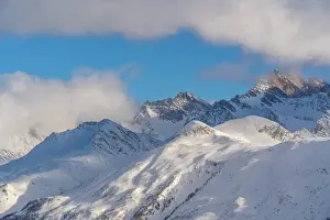 Courmayeur Prints: View of snow covered Aosta Valley and mountains from Pavillon du Mont Frety in winter