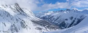 Courmayeur Prints: View of snow covered Aosta Valley from Pavillon du Mont Frety in winter